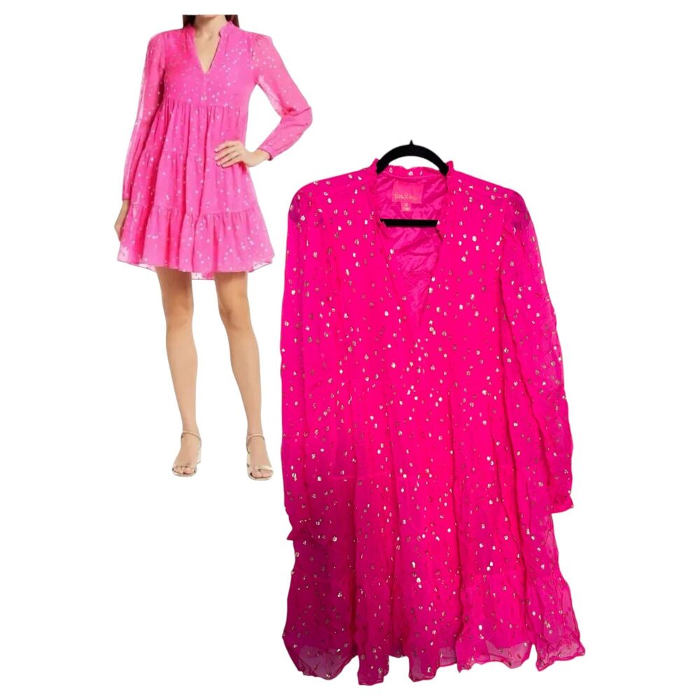 Lilly Pulitzer Sarita Silk Dress Pink Gold Metallic Dot Mini Dress Size 12